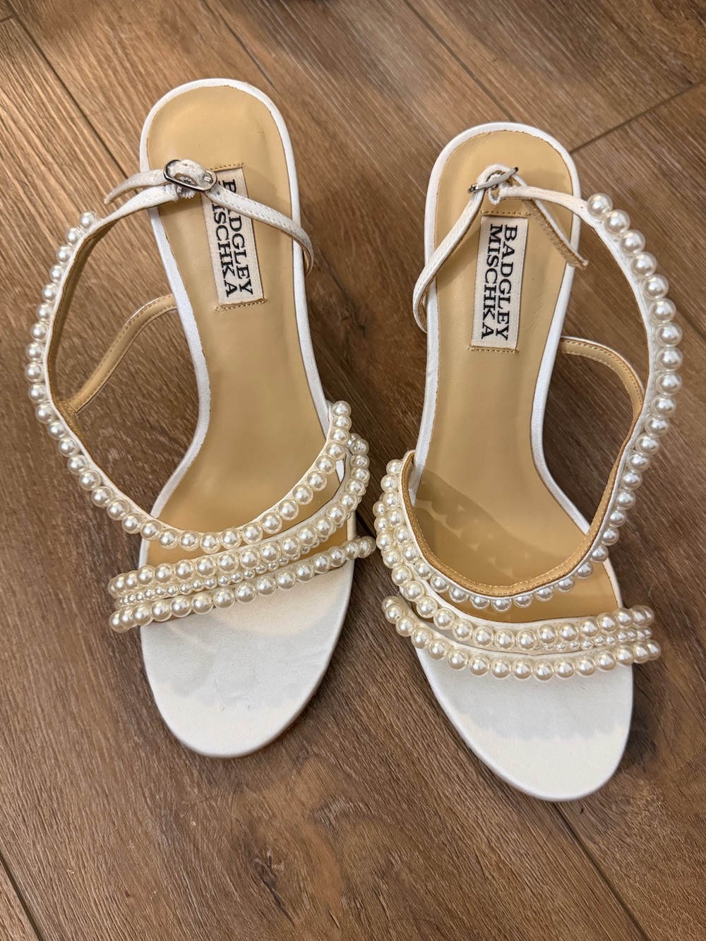 Badgley Mischka Pearl-Embellished White Slingback Heels